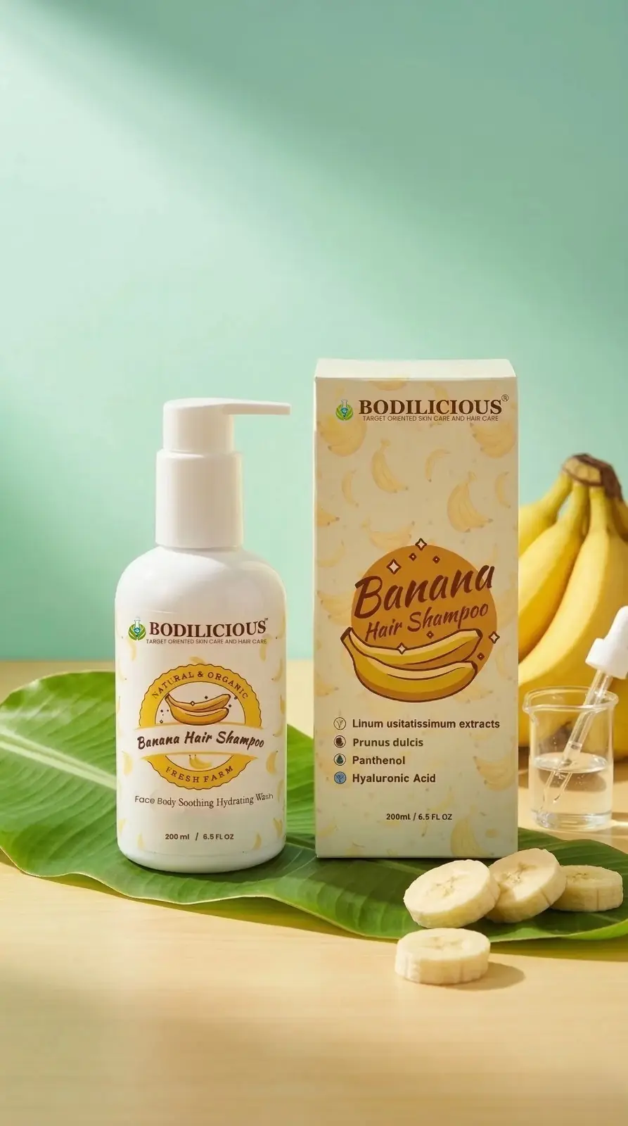Bodilicious Banana Shampoo bottle for dry, frizzy hair