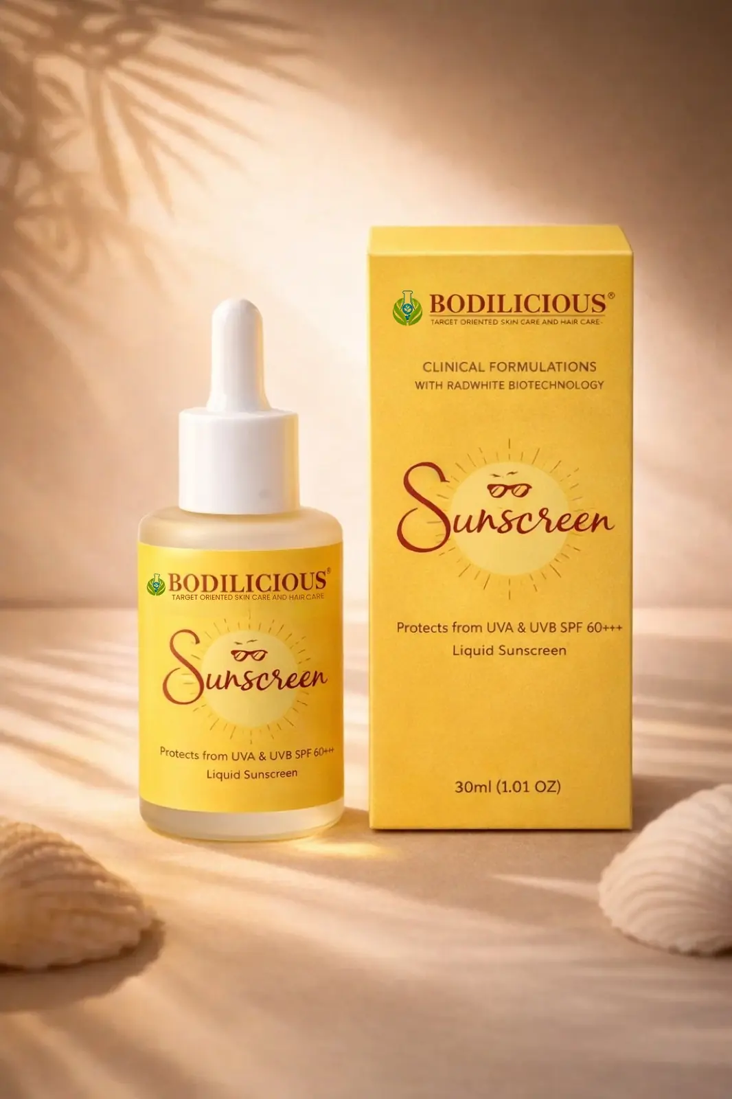 Bodilicious Liquid Sunscreen bottle — lightweight, non-greasy sun protection for all skin types