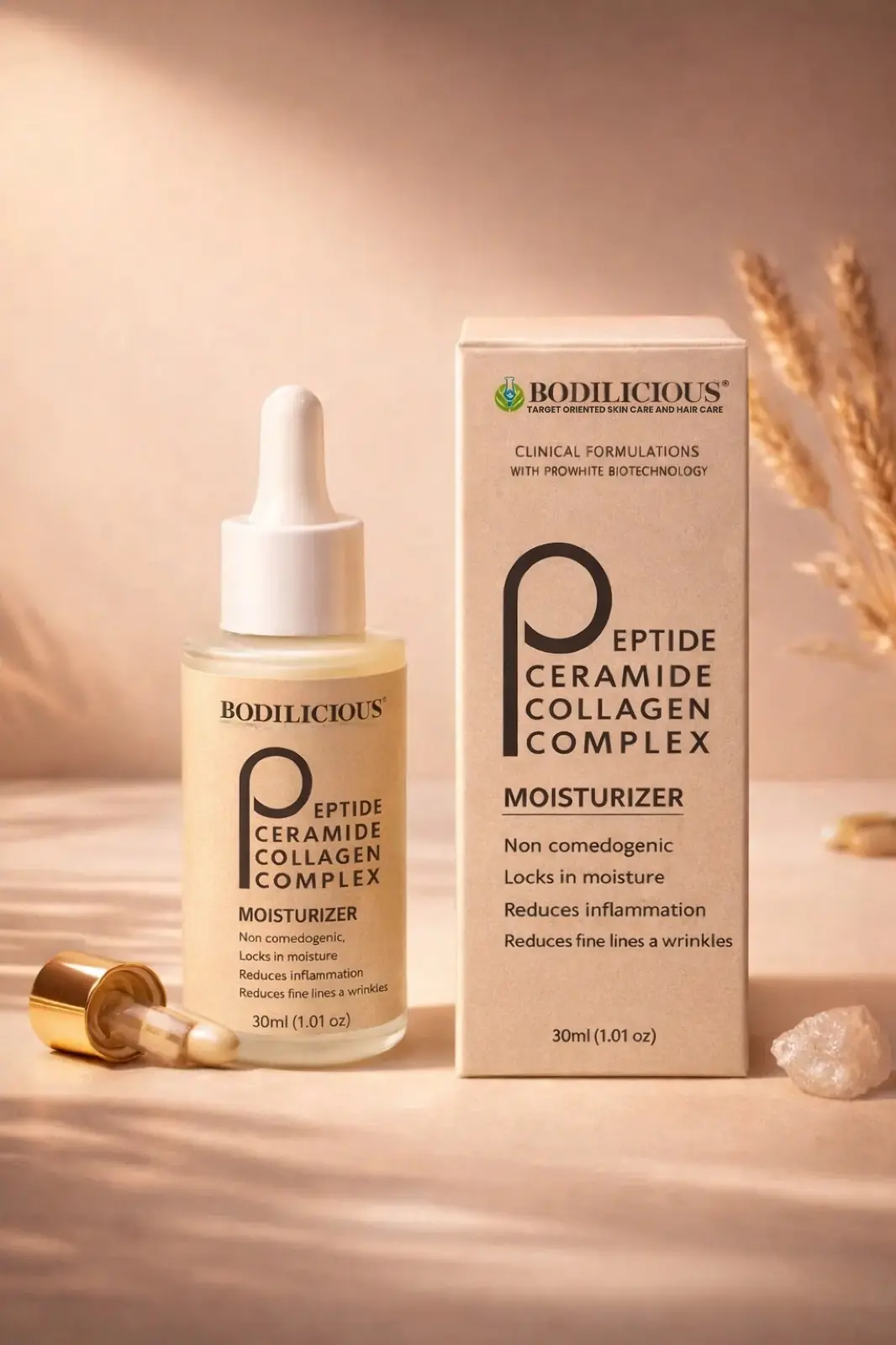 Bodilicious Peptide Ceramide Collagen Moisturizer jar for fine lines