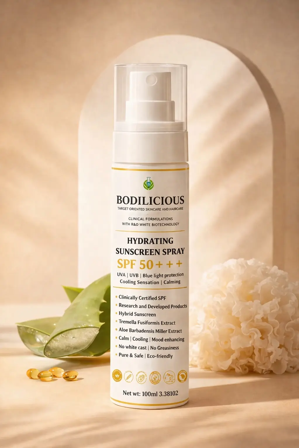 Bodilicious Hydrating Sunscreen Spray SPF 50++++ bottle spray, no white cast