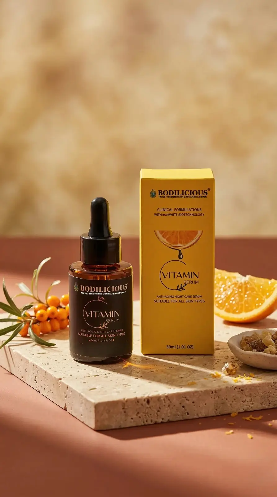 Bodilicious Vitamin C Serum bottle with Ascorbic Acid — brightening night serum for all skin types
